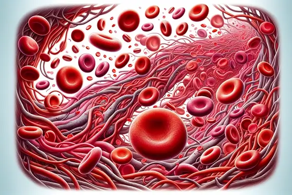 Illustration of red blood cells flowing through blood vessels
