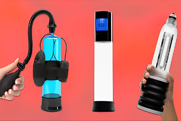 Illustration comparing manual and battery-operated penis pumps