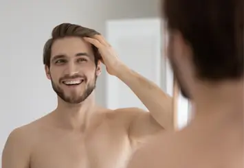 man in mirror admiring effects after dutasteride mesotherapy treatment for androgenic alopecia